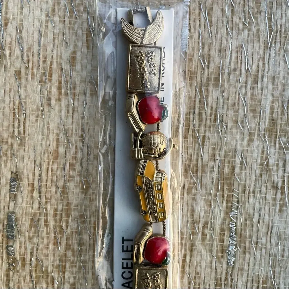 Vintage School Teacher Charm Bracelet Apple School Bus Globe